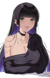 Rule 34 | 1girl, arm support, barbell piercing, black dress, black hair, black wristband, blush, bocchi the rock!, breasts, chin piercing, cleavage, collar, collarbone, dress, ear piercing, earclip, earrings, green eyes, highres, hime cut, industrial piercing, jewelry, large breasts, long hair, long sleeves, looking at viewer, micchan (micchanmeido), multicolored hair, multiple earrings, off-shoulder dress, off shoulder, pa-san, piercing, purple hair, simple background, single bare shoulder, solo, tongue, tongue out, twitter username, upper body, white background