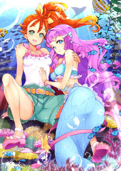 Rule 34 | 2girls, blue eyes, bracelet, breasts, commentary request, coral, coral reef, fish, green eyes, green shorts, hamuhamu, jewelry, laura (precure), long hair, looking at viewer, medium breasts, mermaid, midriff, monster girl, multiple girls, natsuumi manatsu, open mouth, orange hair, pink footwear, pink hair, precure, sandals, shorts, side ponytail, sitting, smile, thick eyebrows, tropical-rouge! precure, underwater