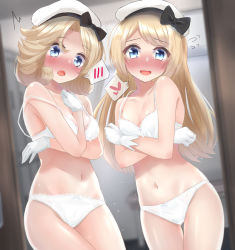 Rule 34 | 2girls, bare shoulders, blonde hair, blue eyes, blush, bow, bow bra, bow panties, bra, breasts, collarbone, commentary request, commission, covering privates, covering breasts, cowboy shot, flying sweatdrops, gloves, hat, heart, indoors, janus (kancolle), jervis (kancolle), kantai collection, long hair, looking at viewer, multiple girls, navel, nervous smile, nose blush, open mouth, panties, parted bangs, sailor hat, sasakura (calicchio), skeb commission, small breasts, smile, spoken blush, spoken heart, standing, underwear, underwear only, white bra, white gloves, white headwear, white panties