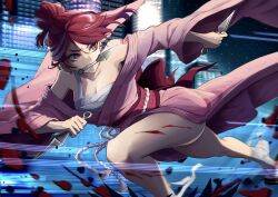 Rule 34 | 1girl, bandaged foot, bandages, bare legs, bare shoulders, breasts, character request, chest sarashi, commentary, copyright request, dual wielding, ear piercing, feet, highres, holding, holding weapon, japanese clothes, kimono, kunai, laubun, long sleeves, medium breasts, mouth hold, night, obi, off shoulder, piercing, pink kimono, pink sash, red eyes, red hair, running, sarashi, sash, short hair, solo, thighs, weapon, wide sleeves