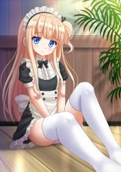 Rule 34 | 10s, 1girl, :t, black bow, black bowtie, blonde hair, blue eyes, blunt bangs, blush, bow, bowtie, commentary, frills, head tilt, highres, hiiragi mayuki, hinako note, kazenokaze, light particles, long hair, looking at viewer, maid, maid headdress, on floor, one side up, panties, pantyshot, plant, pout, puffy short sleeves, puffy sleeves, short sleeves, sitting, solo, thighhighs, underwear, v arms, white panties, white thighhighs, wooden floor