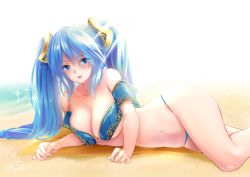 Rule 34 | 1girl, akira b, blue hair, breasts, cleavage, large breasts, league of legends, sona (league of legends), swimsuit, twintails