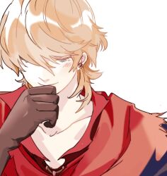 Rule 34 | 1boy, blonde hair, blue eyes, blush, brown gloves, closed mouth, earrings, final fantasy, final fantasy xvi, gloves, hair between eyes, hand to own mouth, highres, jewelry, joshua rosfield, male focus, medium hair, nuoi407, red scarf, scarf, single earring, sketch, smile, solo, upper body, white background