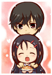 Rule 34 | 10s, 1boy, 1girl, ^ ^, black hair, blush, brother and sister, charlotte (anime), chibi, closed eyes, food, hair between eyes, hair ornament, hairclip, hamapon, hands on another&#039;s shoulders, heart, long hair, long sleeves, open mouth, otosaka ayumi, otosaka yuu, red background, siblings, simple background, smile, translation request, upper body