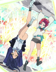 1girl 2girls absurdres amate_yuzuriha aqua_eyes aqua_shirt aqua_skirt bike_shorts black_hair black_shoes breasts closed_mouth gundam gundam_gquuuuuux handstand hanging highres jacket long_hair long_sleeves multiple_girls necktie nyaan_(gundam_gquuuuuux) panyatteria red_hair school_uniform shirt shoes short_hair skirt sportswear sweater upside-down white_shoes yellow_eyes