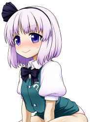 Rule 34 | 1girl, absurdres, blue eyes, blush, bow, closed mouth, collared shirt, dress, female focus, hair ribbon, hairband, highres, itou yuuji, konpaku youmu, looking at viewer, looking to the side, panties, puffy sleeves, ribbon, shirt, silver hair, simple background, smile, solo, touhou, underwear, white background, white panties