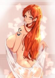 Rule 34 | 1girl, absurdres, ass, bathroom, breasts, butt crack, completely nude, covered erect nipples, curvy, earrings, from behind, grin, highres, holding, holding towel, huge breasts, jewelry, kiss and fafa, long hair, looking back, nami (one piece), nude, one piece, orange eyes, orange hair, smile, solo, steam, straight hair, stud earrings, tattoo, tile wall, tiles, towel, very long hair, wet towel