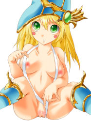 Rule 34 | 1girl, armor, blonde hair, blush, blush stickers, breast slip, breasts, clothing aside, duel monster, female focus, green eyes, hat, magician&#039;s valkyria, nipples, pussy, slingshot swimsuit, solo, swimsuit, swimsuit aside, wizard hat, yu-gi-oh!, yu-gi-oh! duel monsters