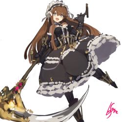 Rule 34 | 1girl, :d, alternate costume, bare shoulders, black dress, black ribbon, blush, breasts, brown hair, commentary, detached collar, dot nose, dress, elbow gloves, enmaided, etrian odyssey, frilled hairband, frills, gloves, green eyes, hairband, hand up, highres, holding, holding weapon, lansane, long hair, looking at viewer, maid, medium breasts, neck ribbon, open mouth, reaper (sekaiju), ribbon, scythe, signature, simple background, smile, solo, standing, standing on one leg, weapon, white background