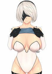Rule 34 | 1girl, artist name, bare shoulders, black blindfold, black headband, black thighhighs, blindfold, breasts, cowboy shot, cropped legs, gloves, headband, highres, large breasts, leotard, mole, mole under mouth, nier (series), nier:automata, ryu seung, short hair, signature, silver hair, simple background, smile, solo, thighhighs, thighs, white background, white gloves, white leotard, 2b (nier:automata)