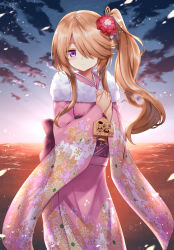 Rule 34 | 1girl, backlighting, blue sky, blush, brown hair, closed mouth, cloud, cloudy sky, commentary request, ema, floral print, flower, fur collar, furisode, hair flower, hair ornament, hair over one eye, hands on own chest, hands up, highres, horizon, japanese clothes, kimono, light particles, long hair, mahcdai, obi, ocean, original, outdoors, own hands together, petals, pink kimono, print kimono, purple eyes, purple flower, red flower, rum ialis, sash, side ponytail, sidelocks, sky, smile, solo, standing, sunset, swept bangs, water, wavy hair