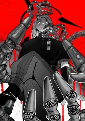 Rule 34 | 1boy, absurdres, crossed legs, extra arms, greyscale, halo, highres, holostars, holostars english, kcedar118, looking at viewer, looking down, magni dezmond, male focus, mechanical arms, medium hair, monochrome, pants, parted bangs, parted lips, red background, shirt, solo, turtleneck, virtual youtuber