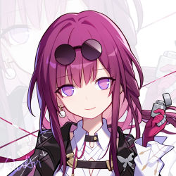 Rule 34 | 1girl, butterfly brooch, closed mouth, collared shirt, commentary, earrings, eyewear on head, glasses, gloves, holding, holding lighter, honkai: star rail, honkai (series), jewelry, kafka (honkai: star rail), lighter, long hair, long sleeves, looking at viewer, pince-nez, pink gloves, pink hair, portrait, purple eyes, quan (kurisu tina), shirt, single earring, smile, solo, string, sunglasses, white shirt