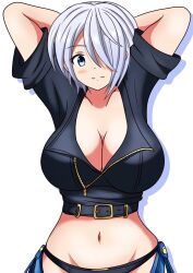 Rule 34 | 1girl, angel (kof), arms behind head, blue eyes, breasts, cleavage, hair over one eye, highres, large breasts, looking at viewer, midriff, navel, short hair, smile, snk, solo, the king of fighters, white hair, wide hips