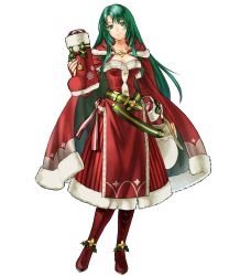 Rule 34 | 1girl, bag, belt, boots, breasts, cape, cecilia (fire emblem), cleavage, closed mouth, collarbone, dress, elbow gloves, fire emblem, fire emblem: the binding blade, fire emblem heroes, full body, fur trim, gloves, green eyes, green hair, head tilt, highres, holding, kita senri, long hair, looking at viewer, medium breasts, nintendo, official art, red dress, red footwear, ribbon, smile, solo, standing, strapless, strapless dress, transparent background