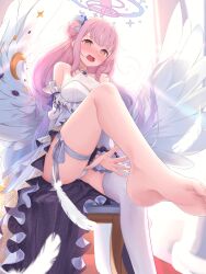 Rule 34 | 1girl, absurdres, alternate costume, angel wings, bare shoulders, blue archive, blush, breasts, daran9, dress, feathered wings, hair bun, hair ornament, hair scrunchie, halo, highres, large breasts, leg up, legs, long hair, long sleeves, mika (blue archive), open mouth, panties, pink hair, scrunchie, single hair bun, single thighhigh, sitting, solo, thighhighs, thighs, underwear, white dress, white panties, white thighhighs, white wings, wings, yellow eyes