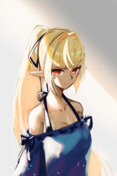Rule 34 | 1girl, absurdres, ahoge, alternate costume, blonde hair, breasts, cleavage, closed mouth, collarbone, commentary, dark-skinned female, dark skin, dress, expressionless, hair ribbon, halter dress, halterneck, highres, hololive, long hair, looking at viewer, medium breasts, multicolored hair, pointy ears, ponytail, pyytato, red eyes, ribbon, shiranui flare, solo, streaked hair, sunlight, two-tone hair, upper body, virtual youtuber, white hair