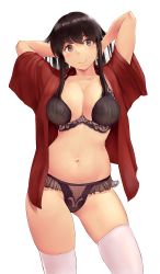 Rule 34 | 1girl, akagi (kancolle), arms up, black bra, black panties, blush, bra, breasts, brown eyes, brown hair, cleavage, collarbone, highres, kantai collection, large breasts, long hair, looking to the side, navel, open clothes, open shirt, panties, red shirt, shirt, short sleeves, simple background, smile, solo, straight hair, thighhighs, thighs, underwear, wa (genryusui), white background, white thighhighs