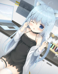 Rule 34 | 1girl, ahoge, animal ear fluff, animal ears, bell, black dress, blue eyes, blue hair, blush, cat ears, cat girl, cat tail, coat, computer, dress, fang, hair ornament, hairclip, highres, jingle bell, lab coat, laptop, long hair, off shoulder, one eye closed, open mouth, original, psyche3313, ribbon, rubbing eyes, short dress, sitting, solo, sundress, tail, tail ornament, tail ribbon, tears, test tube, thigh strap, thighhighs, thighs, white coat, white thighhighs
