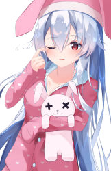 Rule 34 | 1girl, animal ears, animal hat, blue hair, blush, breasts, collarbone, commentary request, dress shirt, fake animal ears, fate/grand order, fate (series), hair between eyes, hand up, hat, heart, highres, hugging object, long hair, long sleeves, one eye closed, pajamas, parted lips, pink hat, print shirt, rabbit ears, rabbit hat, red eyes, red pajamas, red shirt, rubbing eyes, shirt, simple background, sleepy, sleeves past fingers, sleeves past wrists, small breasts, solo, stuffed animal, stuffed rabbit, stuffed toy, suisen-21, tomoe gozen (fate), very long hair, waking up, white background