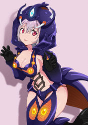 Rule 34 | 1girl, :p, absurdres, bikini, black gloves, blue bikini, blue footwear, boots, breasts, claw pose, cleavage, closed mouth, commentary request, cosplay request, gloves, gridman universe, highres, hood, huge filesize, kneeling, large breasts, leaning forward, light purple hair, looking at viewer, navel, nishimoto yuri, partial commentary, purple background, red eyes, shadow, shinjou akane, short hair, shrug (clothing), simple background, smile, solo, ssss.gridman, swimsuit, thigh boots, thighhighs, tongue, tongue out