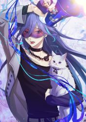 Rule 34 | 1boy, animal, aqua hair, arm out of sleeve, belt, black collar, black nails, black shirt, blue ribbon, cat, chain, chain necklace, collar, goggles, grey jacket, hair between eyes, hanaco (hanaco 1230), hand up, holding, holding animal, holding cat, holding megaphone, holostars, jacket, jewelry, long hair, long sleeves, looking at viewer, male focus, megaphone, minase rio, multicolored hair, nail polish, necklace, official alternate costume, piercing, purple eyes, purple hair, ribbon, shirt, solo, sticker, streaked hair, teeth, tongue, tongue out, tongue piercing, upper body, upper teeth only, virtual youtuber, white cat