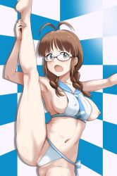 Rule 34 | 1girl, ahoge, akizuki ritsuko, arm up, armpits, bikini, black-framed eyewear, blue collar, blunt bangs, blush, braid, breasts, brown eyes, brown hair, checkered wall, collar, collarbone, covered erect nipples, embarrassed, flexible, from side, glasses, groin, highres, holding own ankle, idolmaster, idolmaster (classic), kneepits, long legs, looking at viewer, low twintails, medium breasts, medium hair, minpei ichigo, nipples, one breast out, open mouth, ribbon, sailor bikini, sailor collar, semi-rimless eyewear, side-tie bikini bottom, sidelocks, sofmap background, solo, split, standing, standing on one leg, standing split, step and repeat, swimsuit, tail, thighs, twintails