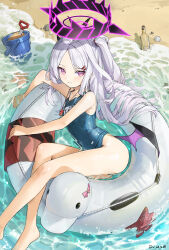 Rule 34 | 1girl, absurdres, bare legs, barefoot, beach, blue archive, blue one-piece swimsuit, blush, bottle, bucket, dated, dor m, grey hair, halo, highres, hina (blue archive), hina (swimsuit) (blue archive), long hair, looking at viewer, name tag, on innertube, one-piece swimsuit, one side up, pink eyes, school swimsuit, signature, smile, solo, starfish, swimsuit, very long hair, whistle, whistle around neck
