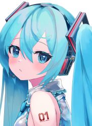 Rule 34 | 1girl, bare shoulders, blue eyes, blue hair, blue necktie, blush, closed mouth, from side, grey shirt, hatsune miku, headset, highres, long hair, looking at viewer, looking to the side, necktie, number tattoo, shirt, shoulder tattoo, simple background, sleeveless, sleeveless shirt, solo, takepon1123, tattoo, twintails, very long hair, vocaloid, white background