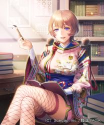Rule 34 | 1girl, badge, blue eyes, book, book stack, bookshelf, breasts, brown hair, chair, desk, detached sleeves, esukee, fishnet legwear, fishnets, floral print, glint, hand up, id card, indoors, large breasts, crossed legs, looking at viewer, mole, mole under mouth, official art, open book, paintbrush, parted lips, safety pin, sengoku saga, short hair, sitting, solo, watermark, wide sleeves