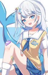 Rule 34 | 1girl, absurdres, alternate costume, bandaid, bandaid on knee, bandaid on leg, blue hair, blue skirt, blunt bangs, blush, breasts, collared shirt, fins, fish tail, gawr gura, gawr gura (school uniform), grey hair, highres, hololive, hololive english, leg up, looking at viewer, medium hair, multicolored hair, netillustrator, official alternate costume, open mouth, shark girl, shark tail, sharp teeth, shirt, side ponytail, sidelocks, skirt, small breasts, smile, solo, streaked hair, tail, teeth, upper teeth only, vest, virtual youtuber, white shirt, yellow vest