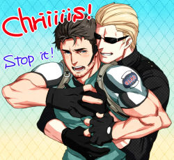Rule 34 | 2boys, bara, black gloves, black hair, black shirt, blush, brown hair, castella, chris redfield, clenched teeth, couple, facial hair, fingerless gloves, gloves, green shirt, hug, hug from behind, large pectorals, looking at another, male focus, multiple boys, muscular, muscular male, open mouth, partially fingerless gloves, pectorals, resident evil, resident evil 5, resident evil 6, resident evil village, shirt, short hair, sunglasses, teeth, upper body, yaoi