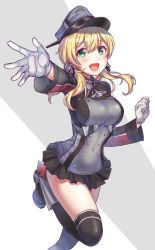 Rule 34 | 1girl, :d, anchor, anchor hair ornament, armor, black thighhighs, blonde hair, breasts, commentary, double horizontal stripe, gloves, greaves, green eyes, grey background, grey footwear, grey gloves, grey hat, grey jacket, hair ornament, hat, highres, jacket, kantai collection, leg up, long sleeves, looking at viewer, low twintails, medium breasts, medium hair, microskirt, military, military hat, military uniform, open mouth, peaked cap, prinz eugen (kancolle), reaching, reaching towards viewer, skindentation, skirt, smile, solo, standing, standing on one leg, thighhighs, totonii (totogoya), twintails, uniform