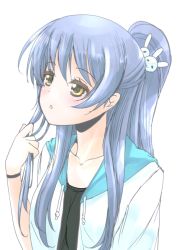 Rule 34 | 10s, 1girl, alternate hairstyle, blue hair, blush, bracelet, frapowa, hair ornament, half-closed eyes, jacket, jewelry, long hair, love live!, love live! school idol festival, love live! school idol project, parted lips, ponytail, rabbit hair ornament, simple background, solo, sonoda umi, upper body, white background, yellow eyes