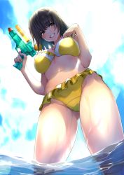 Rule 34 | 1girl, backlighting, bad id, bad pixiv id, bare arms, bikini, black hair, blush, breasts, cloud, day, eyebrows, finger on trigger, frilled bikini, frills, from below, gluteal fold, hair between eyes, highres, large breasts, legs apart, looking at viewer, looking down, nail polish, navel, ocean, orange nails, original, outdoors, revision, settyaro, shade, sky, solo, standing, stomach, summer, swimsuit, wading, water, water gun, wet, yellow bikini, yellow eyes