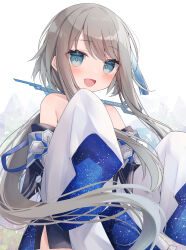 Rule 34 | 1girl, :d, bare shoulders, blue eyes, collarbone, commentary request, detached sleeves, dress, floating hair, genshin impact, grey hair, guizhong (genshin impact), hands up, highres, long hair, long sleeves, looking at viewer, open mouth, ringouulu, sleeves past fingers, sleeves past wrists, smile, solo, twitter username, very long hair, white dress, white sleeves