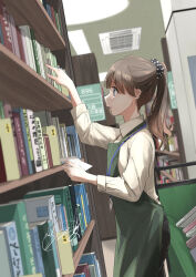 Rule 34 | 1girl, apron, black pants, black scrunchie, blue eyes, book, bookshelf, brown hair, cart, collared shirt, commentary request, cowboy shot, facing to the side, green apron, highres, holding, holding paper, indoors, library, long sleeves, looking at object, original, pants, paper, polka dot, polka dot scrunchie, ponytail, scrunchie, shirt, sign, signature, solo, soragane (banisinngurei), white shirt