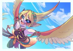 Rule 34 | 1girl, 46kumakoto, absurdres, animal ears, armlet, bare shoulders, belt, bird ears, blonde hair, blue eyes, cloud, commentary request, feathered wings, feathers, flying, gem, hairband, harpy, highres, jewelry, long hair, monster girl, multicolored hair, open mouth, orange feathers, orange hair, original, sky, sleeveless, solo, talons, teeth, twitter username, two-tone hair, upper teeth only, winged arms, wings, yellow feathers