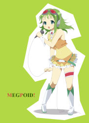 Rule 34 | 1girl, bad id, bad pixiv id, belt, blue eyes, boots, female focus, frills, full body, goggles, green hair, gumi, headset, bridal garter, mellowd, microphone, midriff, short hair, smile, solo, vest, vocaloid, wing collar, wrist cuffs