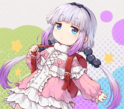 Rule 34 | 1girl, backpack, bag, blue eyes, blunt bangs, capelet, commentary request, frilled skirt, frills, hair bobbles, hair ornament, hairband, kanna kamui, khell, kobayashi-san chi no maidragon, long hair, long sleeves, looking at viewer, low twintails, randoseru, sidelocks, signature, silver hair, simple background, skirt, solo, twintails