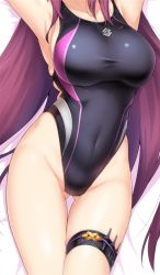 Rule 34 | 1girl, arm up, armpits, bare legs, bare shoulders, bed sheet, breasts, competition swimsuit, covered navel, dagger, fate/grand order, fate (series), gluteal fold, groin, halcon, head out of frame, knife, kunai, large breasts, long hair, lying, on back, one-piece swimsuit, purple hair, scathach (fate), shiny skin, skindentation, solo, swimsuit, thigh gap, thigh strap, thighs, very long hair, weapon