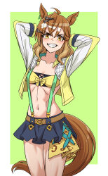 1girl ahoge animal_ears black_skirt border breasts commentary_request cowboy_shot crop_top cropped_jacket earrings green_background grin hair_between_eyes hair_ornament highres horse_ears horse_girl horse_tail jacket jewelry jungle_pocket_(umamusume) kimleon long_sleeves looking_at_viewer medium_hair midriff navel open_mouth simple_background single_earring skirt small_breasts smile solo tail umamusume v-shaped_eyebrows white_border x_hair_ornament yellow_eyes yellow_jacket
