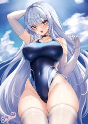 Rule 34 | 1girl, black choker, blue one-piece swimsuit, blue sky, breasts, choker, cloud, competition swimsuit, covered navel, cowboy shot, elbow gloves, gloves, green eyes, highleg, highleg swimsuit, large breasts, long hair, looking at viewer, one-piece swimsuit, original, senri tsukuyomi, sky, solo, swimsuit, thighhighs, white gloves, white hair, white thighhighs