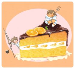 Rule 34 | 2boys, ^ ^, andvari (housamo), baku hosamo, ball and chain restraint, border, brown hair, cake, cake slice, chibi, chocolate, closed eyes, closed mouth, commentary request, dwarf, food, fork, fruit, full body, holding, holding fork, holding knife, jewelry, knife, male focus, protagonist 4 (housamo), multiple boys, open mouth, orange (fruit), orange background, orange slice, pink background, ponytail, ring, rounded corners, tokyo houkago summoners, two-tone background, white border