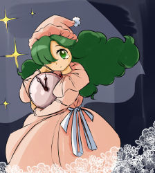 Rule 34 | artist request, bad id, bad twitter id, blue background, capelet, cowboy shot, dress, frilled sleeves, frills, green eyes, green hair, hat, holding, kazami yuuka, kazami yuuka (pc-98), long dress, long hair, long sleeves, looking at viewer, nightcap, one-hour drawing challenge, one eye covered, pajamas, parted bangs, pink dress, pink headwear, pom pom (clothes), red neckwear, retro artstyle, simple background, star (symbol), tears, touhou, very long hair
