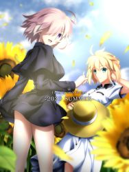 Rule 34 | 2girls, :d, absurdres, ahoge, artoria pendragon (all), artoria pendragon (fate), black capelet, black dress, blonde hair, blue ribbon, blurry, blurry foreground, capelet, closed mouth, cloud, copyright name, day, dress, dress shirt, fate/grand order, fate/stay night, fate (series), field, flower, flower field, foo (pixiv54892036), green eyes, hair over one eye, hair ribbon, hand in own hair, hand on own head, hat, highres, holding, holding clothes, holding hat, huge filesize, long sleeves, looking at viewer, mash kyrielight, mash kyrielight (traveling outfit), medium hair, multiple girls, official alternate costume, open mouth, outdoors, pink dress, pink hair, purple eyes, ribbon, saber (fate), shirt, short dress, short sleeves, smile, standing, sun hat, sunflower, sunflower field, unworn hat, unworn headwear, white shirt, yellow flower, yellow headwear