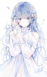 Rule 34 | 1girl, absurdres, air bubble, artist name, bare shoulders, bead bracelet, beads, blue eyes, blue hair, blunt bangs, bracelet, bubble, closed mouth, curly hair, dress, hand up, hau (hausan97), highres, holding, jewelry, light smile, long hair, long sleeves, looking at viewer, mole, mole under eye, original, seashell, shell, signature, simple background, solo, starfish hair ornament, straight-on, white background, white dress