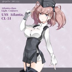 Rule 34 | 1girl, atlanta (kancolle), black hat, black thighhighs, blush, breasts, brown hair, character name, collared shirt, commentary request, dated, dress shirt, earrings, garrison cap, garter straps, gloves, grey eyes, grey skirt, hair between eyes, hand up, hat, hebitsukai-san, highres, index finger raised, jewelry, kantai collection, large breasts, long sleeves, looking at viewer, parted lips, partially fingerless gloves, pleated skirt, shirt, skirt, solo, star (symbol), star earrings, suspender skirt, suspenders, thighhighs, twitter username, two side up, white gloves, white shirt