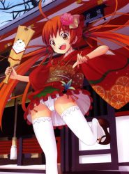 Rule 34 | 1girl, ahoge, dengeki moeou, japanese clothes, red hair, solo, thighhighs, twintails