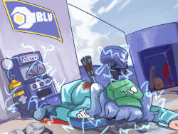 Rule 34 | 1girl, balisong, barrel, blood, blood on clothes, blu engineer (tf2), blue hair, building, death, engineer (tf2), female focus, fence, gun, hair bobbles, hair ornament, hat, kawashiro nitori, knife, parody, red spy (tf2), short hair, spy (tf2), stab, team fortress 2, touhou, twintails, two side up, weapon, zassou maruko